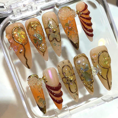Golden Amber Press On Nails – Elegant Gold Foil Nail Set