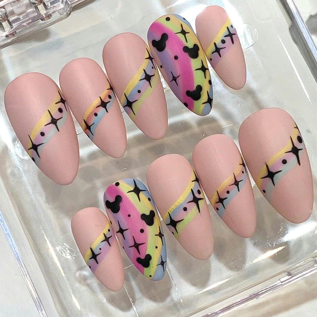 Y2K Pastel Rainbow Star Almond Press On Nails | Retro Pop Set
