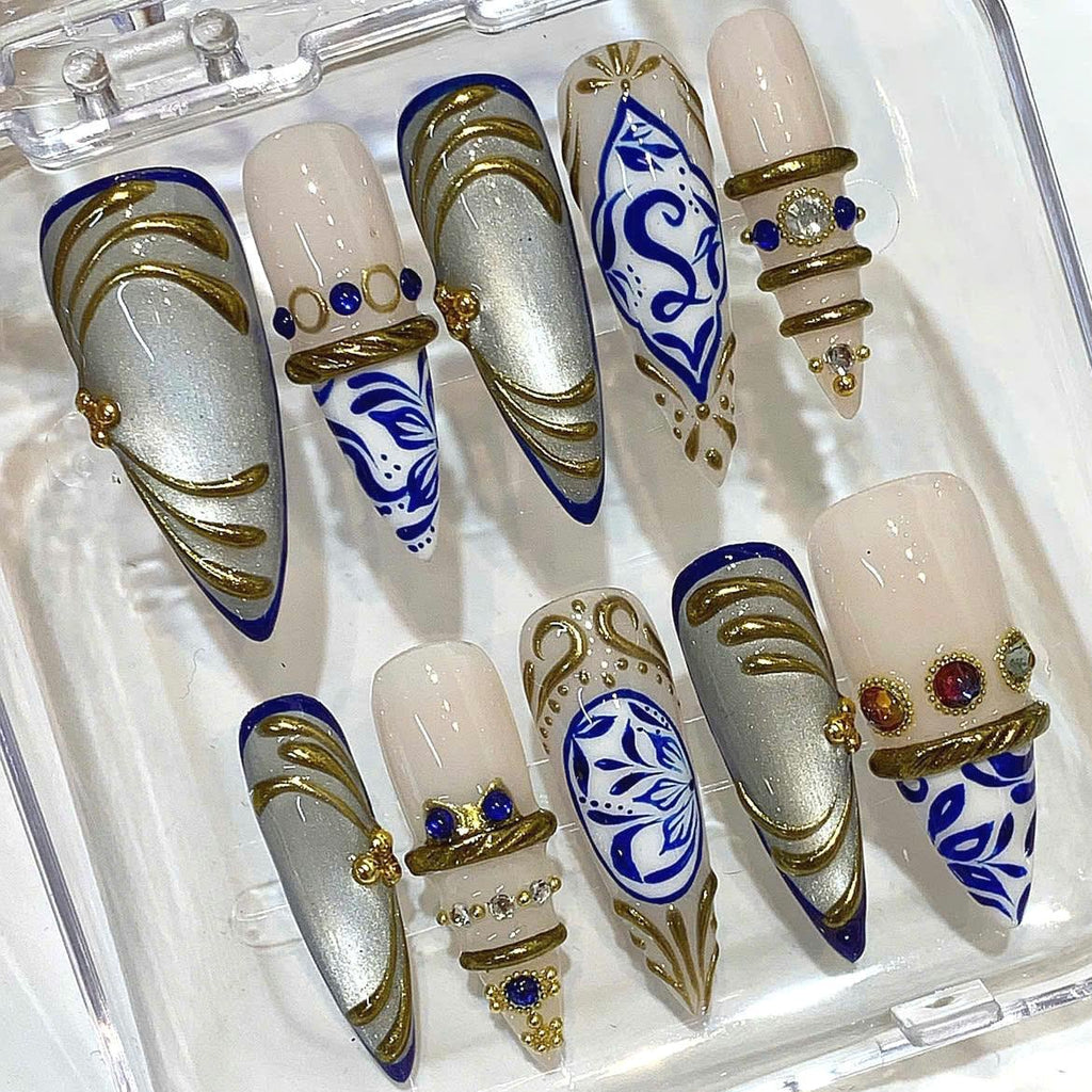 Royal Blue Gold Porcelain Inspired Stiletto Press On Nails, Bridal Wedding Reusable False Nails