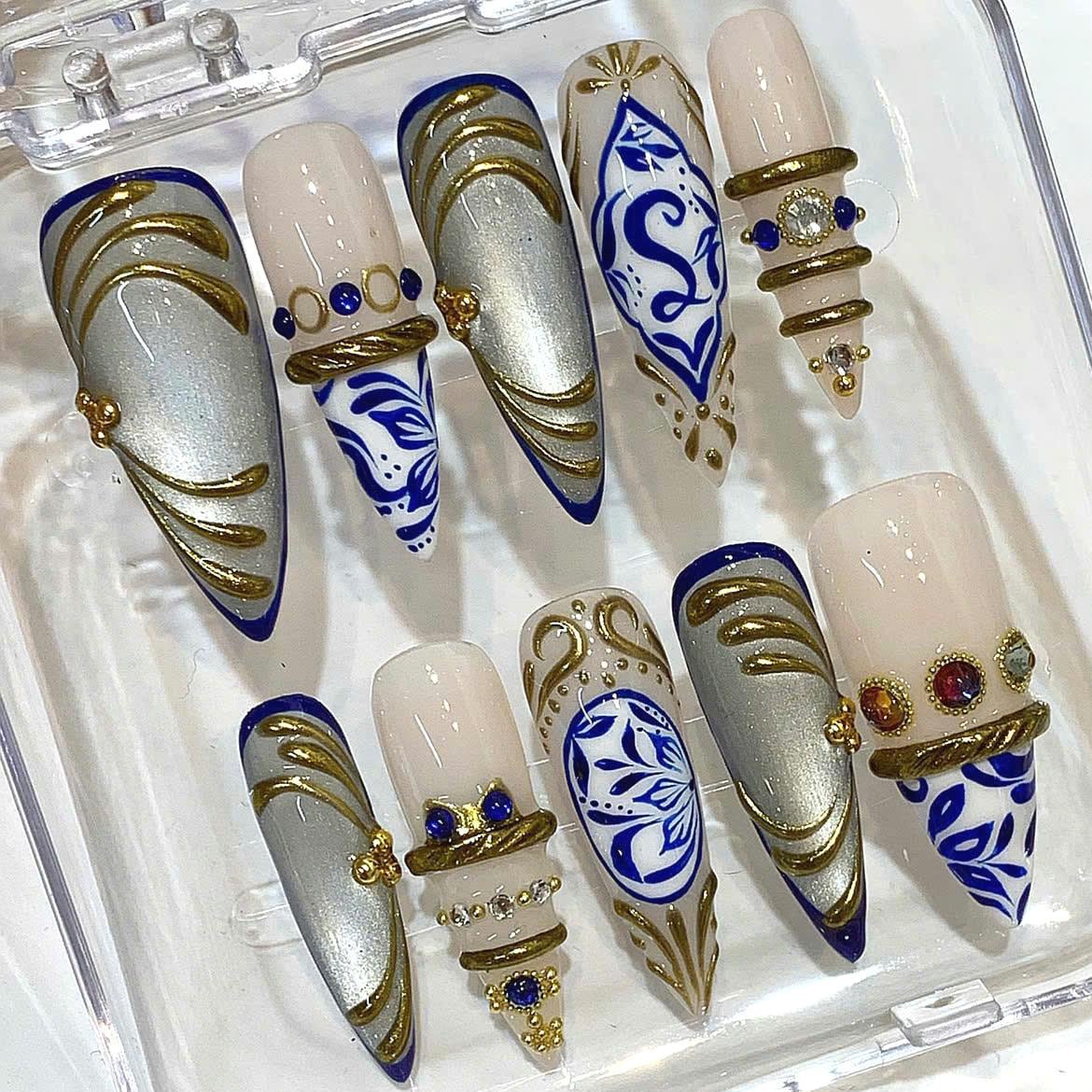 Royal Blue Gold Porcelain Inspired Stiletto Press On Nails, Bridal Wedding Reusable False Nails