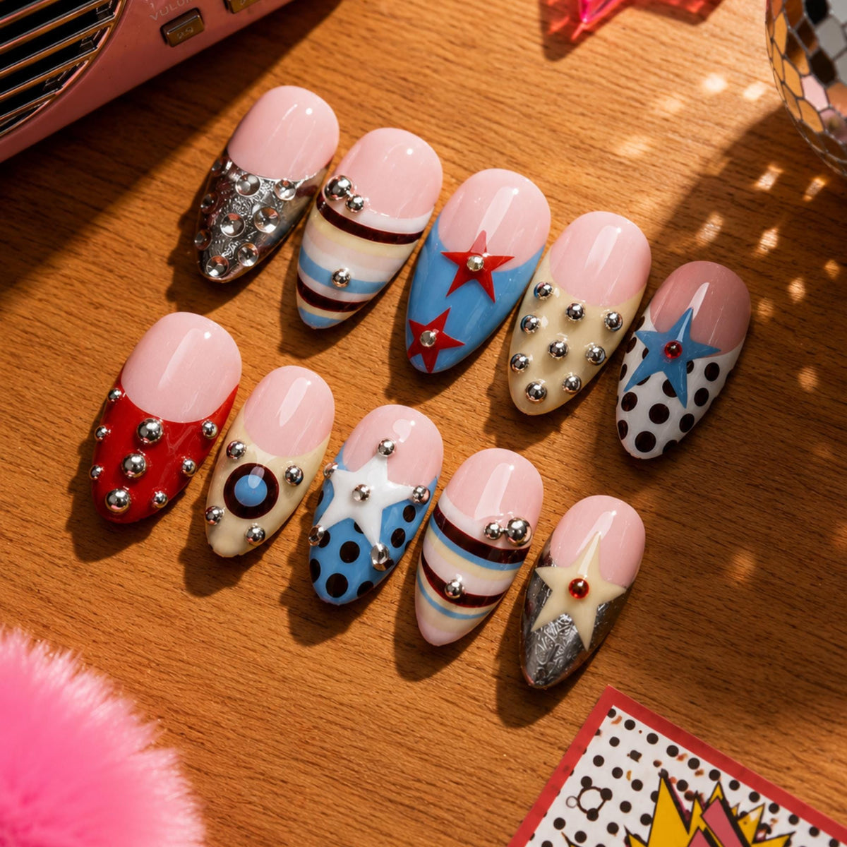 Retro Pop Press On Nails, Y2K Star Stud Chrome Nail Set
