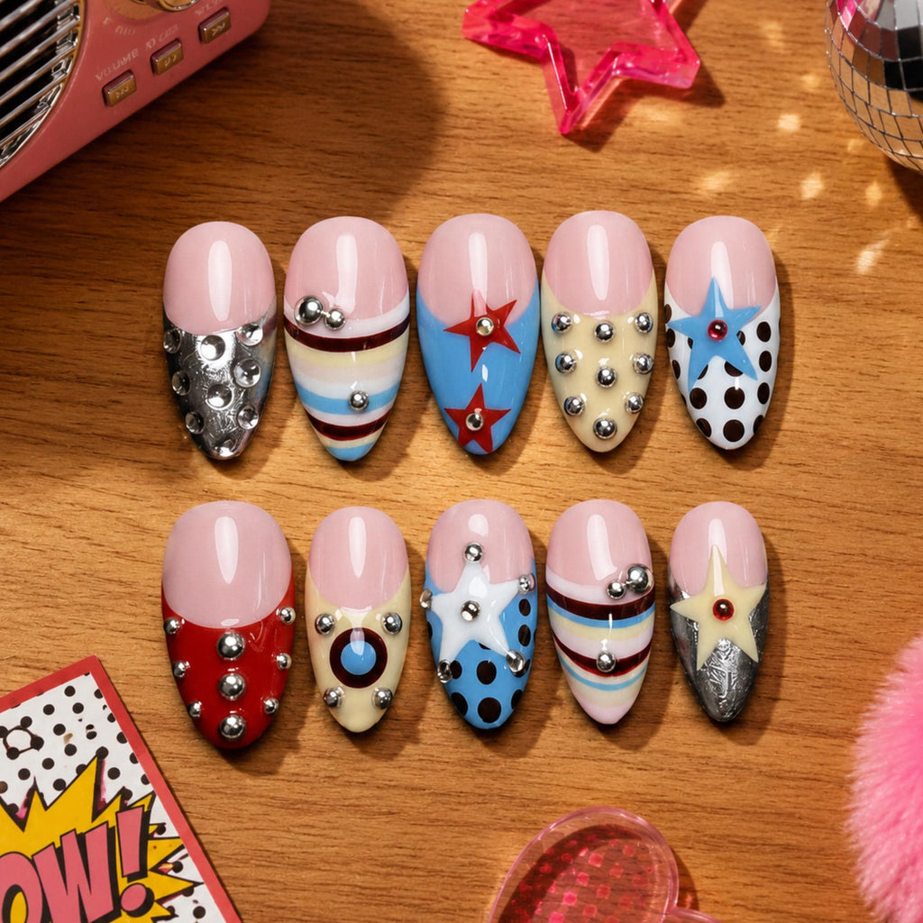 Retro Pop Press On Nails, Y2K Star Stud Chrome Nail Set