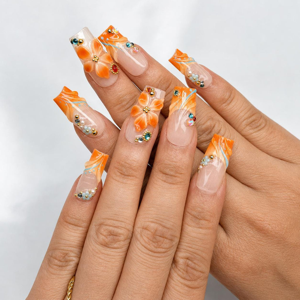 Summer Floral Press On Nails | Orange Flower Beach Nail Set | Tropical Vacation Nails |  JC445J