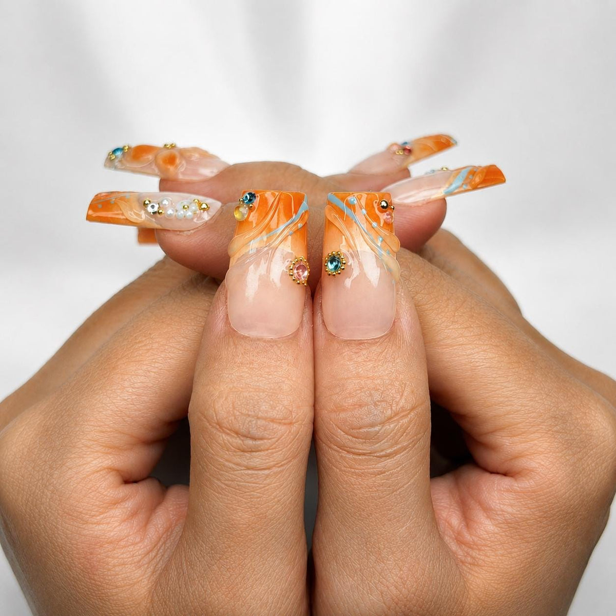 Summer Floral Press On Nails | Orange Flower Beach Nail Set | Tropical Vacation Nails |  JC445J