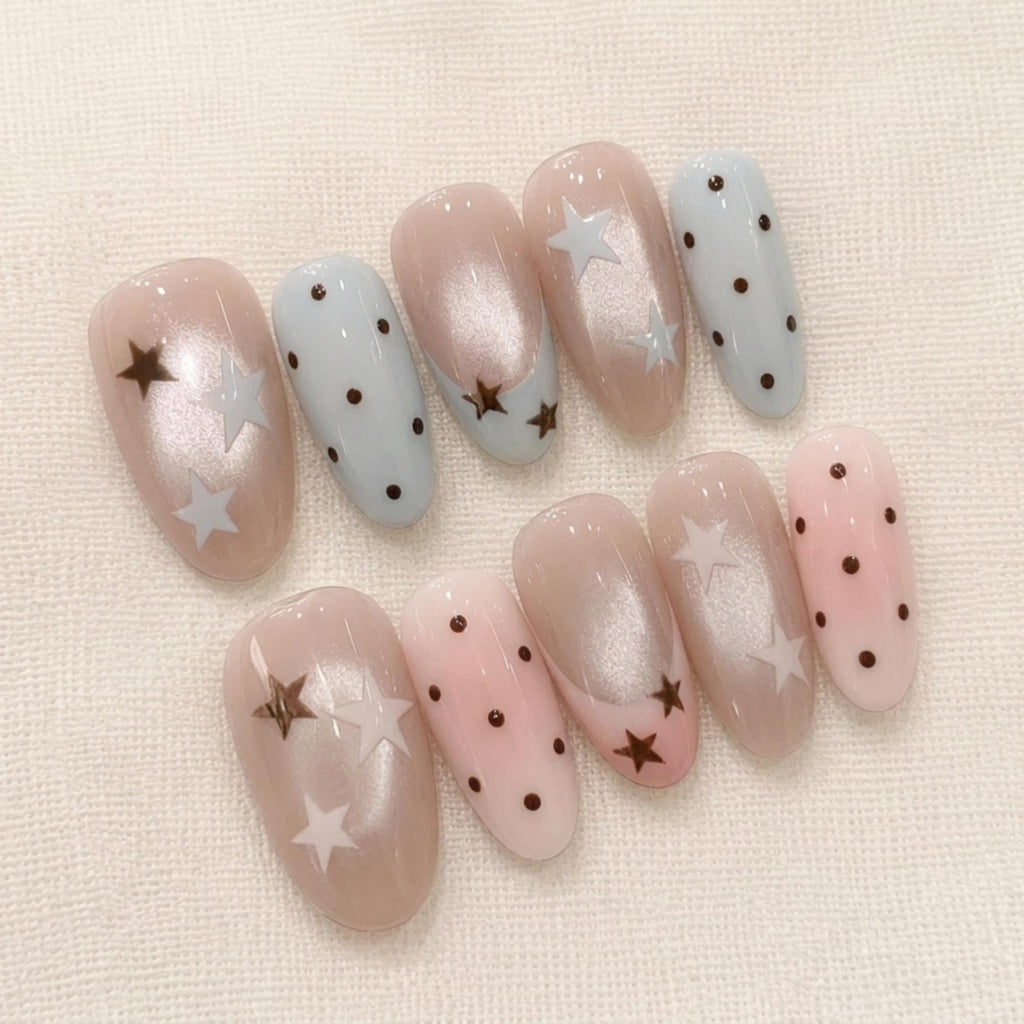 Kawaii Star Press On Nails, Blue Pink Polka Dot Nails,  Pastel Jelly Nail Art