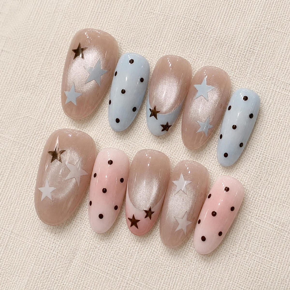 Kawaii Star Press On Nails, Blue Pink Polka Dot Nails,  Pastel Jelly Nail Art