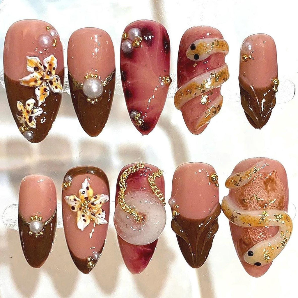 Brown Nude Press On Nails – 3D Snake & Floral Pearl Luxury Nail Set