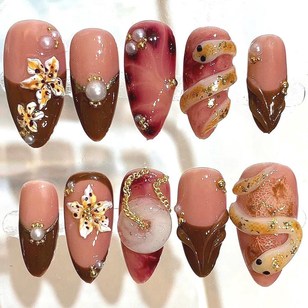 Brown Nude Press On Nails – 3D Snake & Floral Pearl Luxury Nail Set