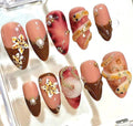 Brown Nude Press On Nails – 3D Snake & Floral Pearl Luxury Nail Set