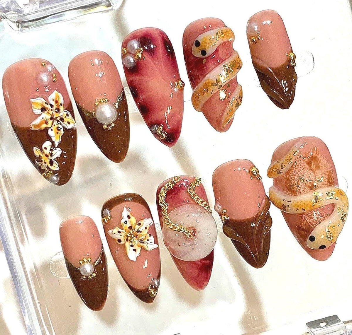 Brown Nude Press On Nails – 3D Snake & Floral Pearl Luxury Nail Set