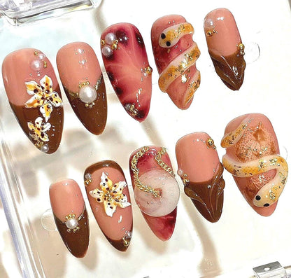 Brown Nude Press On Nails – 3D Snake & Floral Pearl Luxury Nail Set