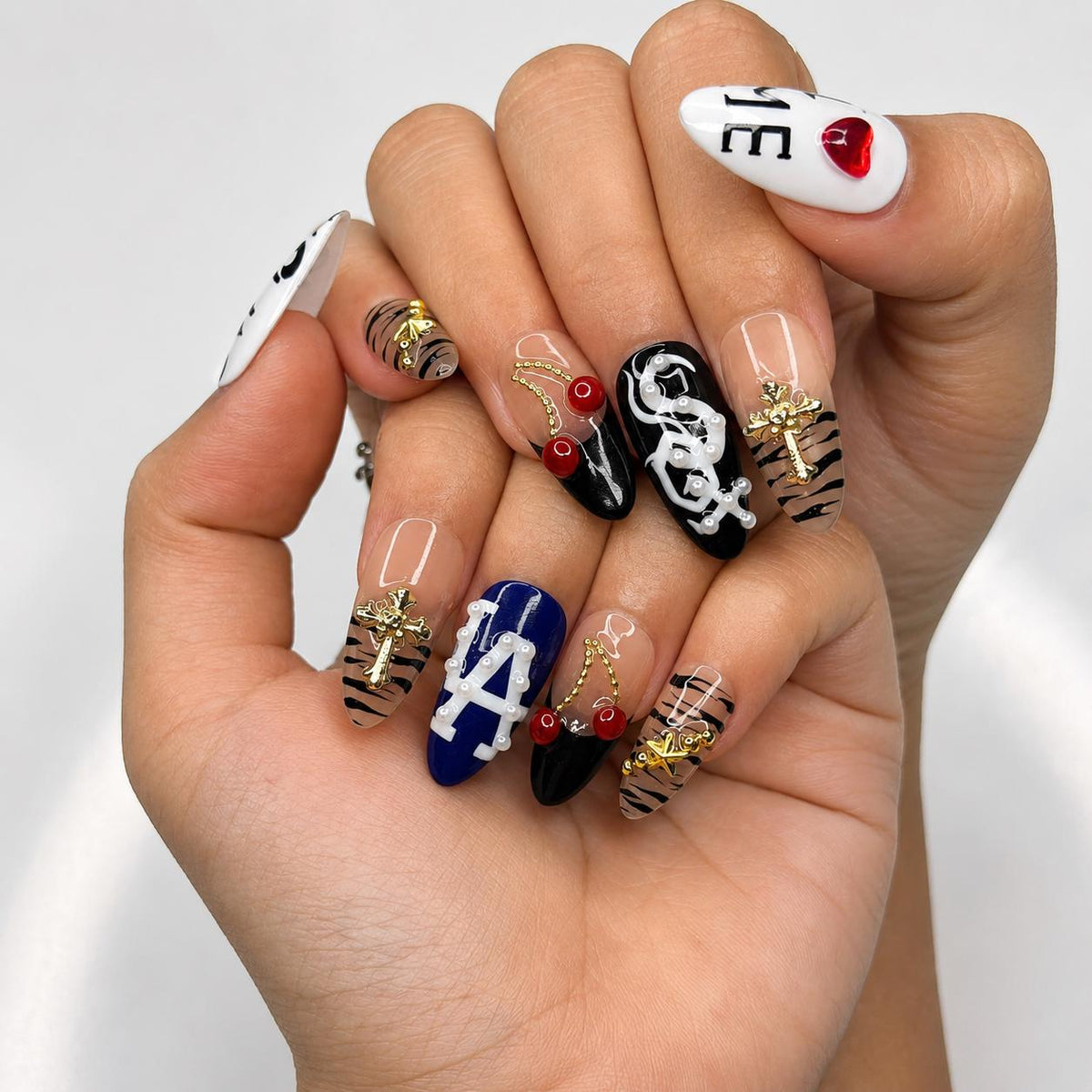 Y2K Graphic Press On Nails | Cherry Cross Letter Nail Set | Edgy Black White Statement Nails | Street Style Handmade Set | JB447J