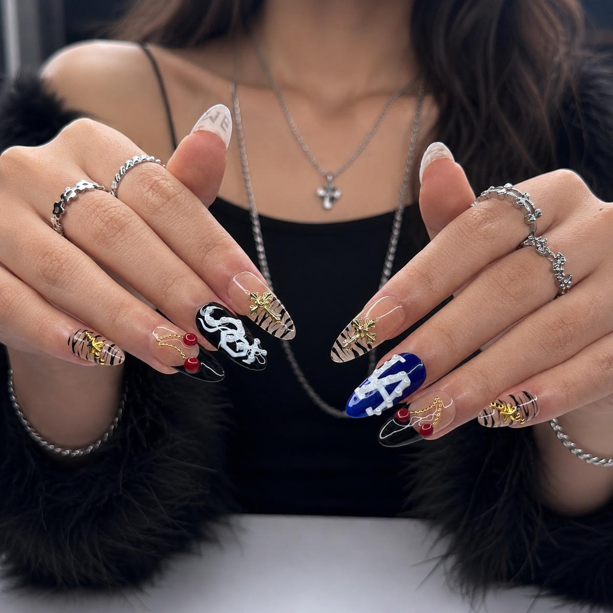 Y2K Graphic Press On Nails | Cherry Cross Letter Nail Set | Edgy Black White Statement Nails | Street Style Handmade Set | JB447J