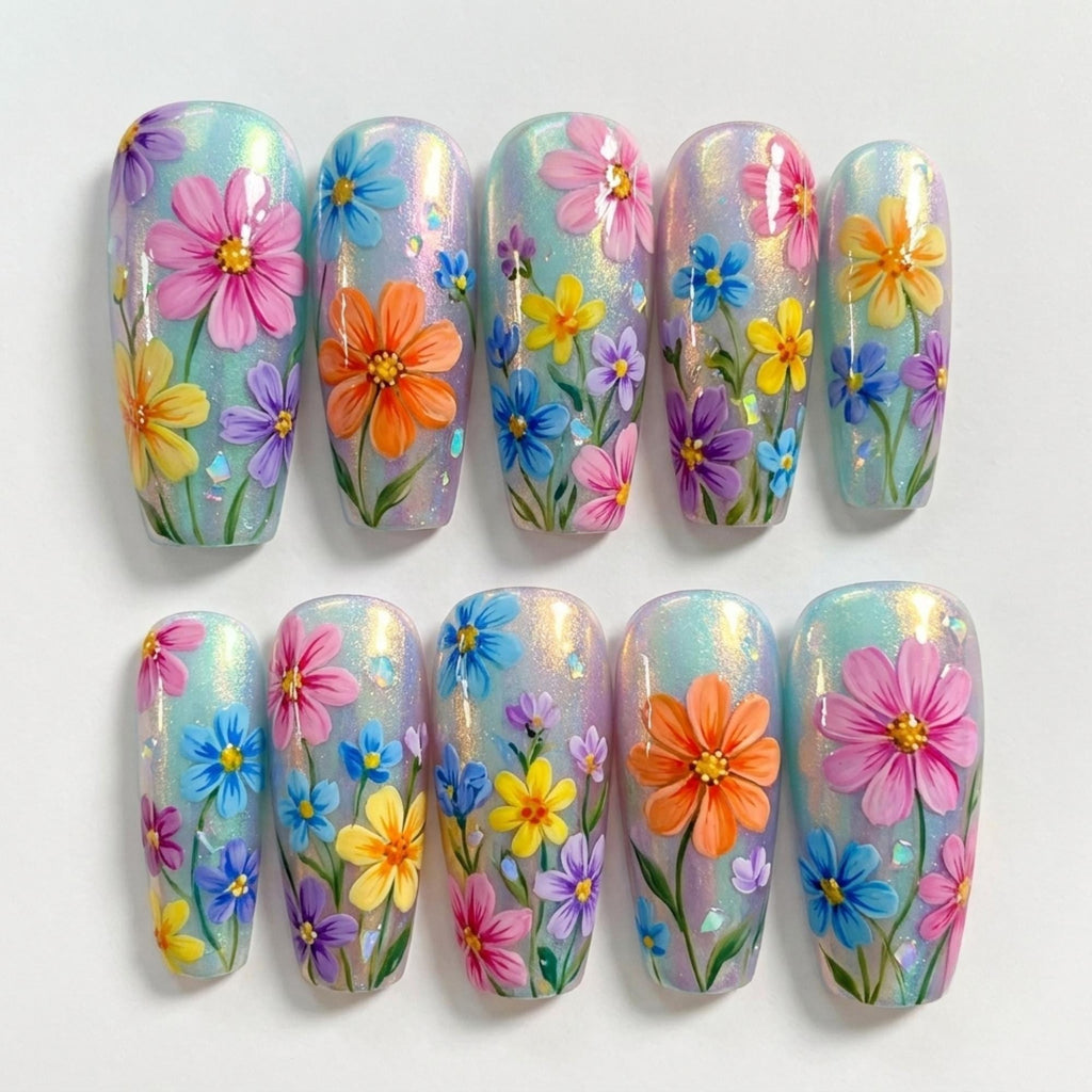 Opal Base Wildflower Press On Nails | Hand Painted Pastel Floral Long Square Fake Nails | Aurora Shimmer Spring Garden Gel Set