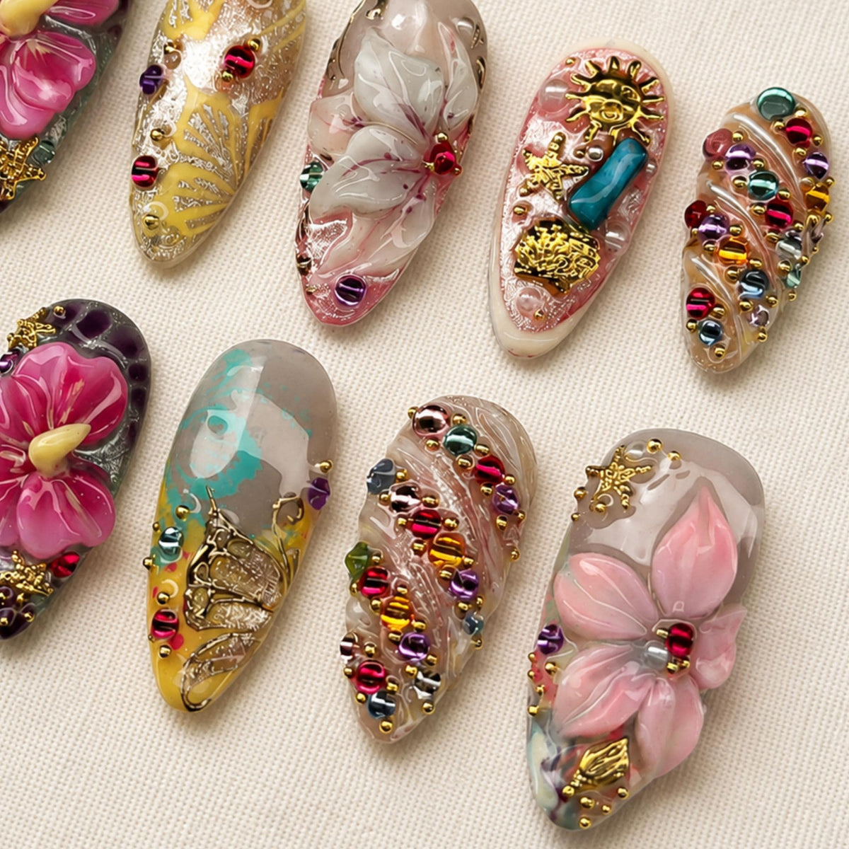 Tropical Hibiscus Press On Nails, 3D Beach Vacation Nails