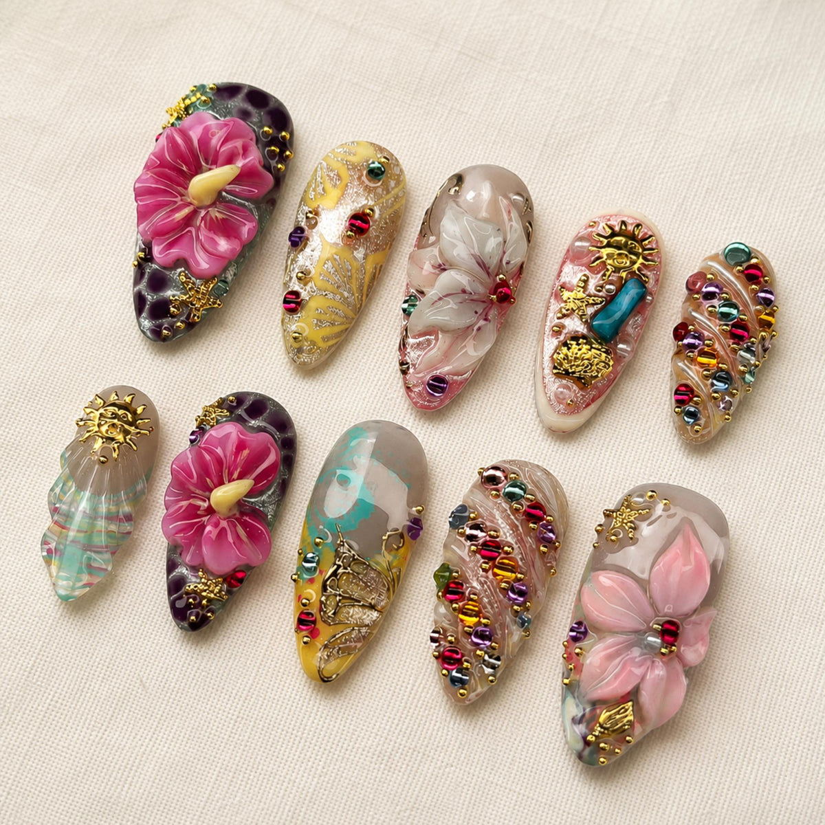 Tropical Hibiscus Press On Nails, 3D Beach Vacation Nails