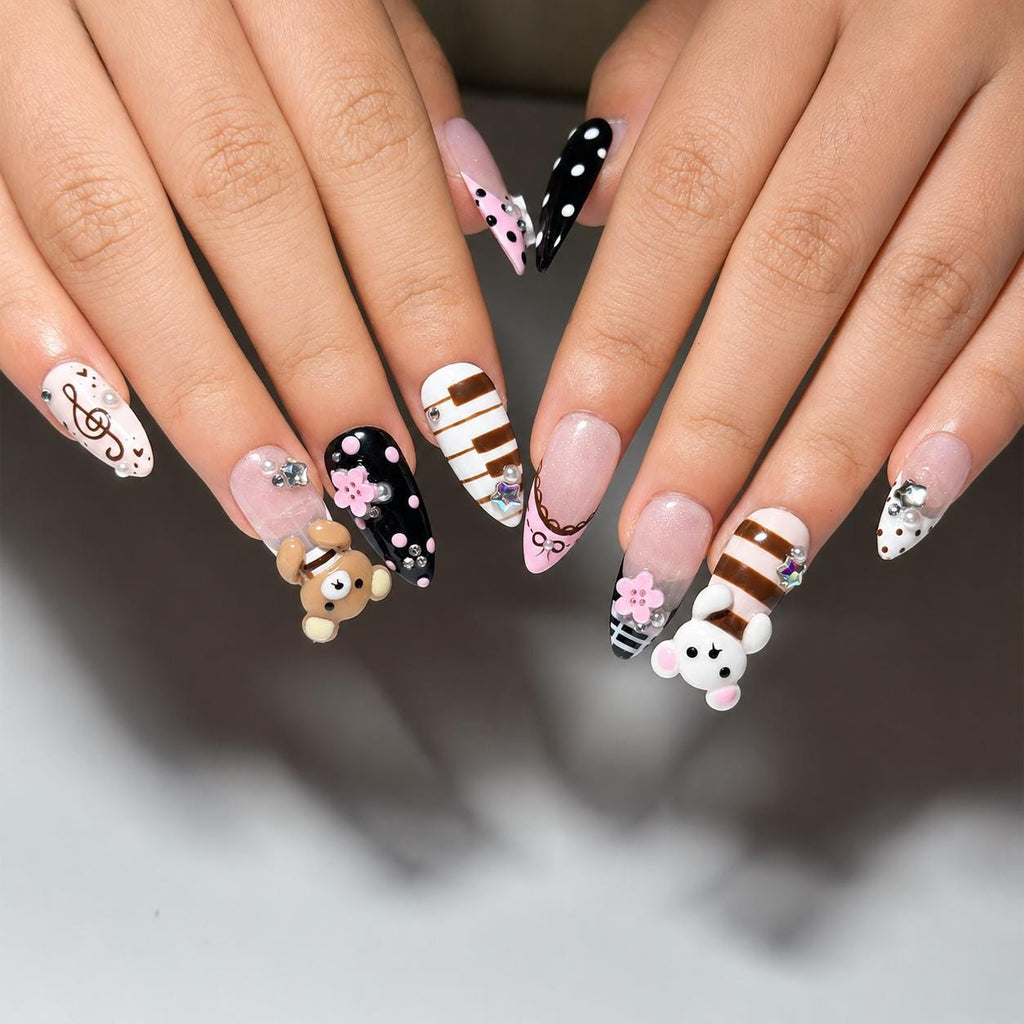 Teddy Bear Press On Nails Almond • Pink Black Kawaii 3D Bear Flower Music Note Fake Nails • Cute Birthday Gift for Her| JB430LC
