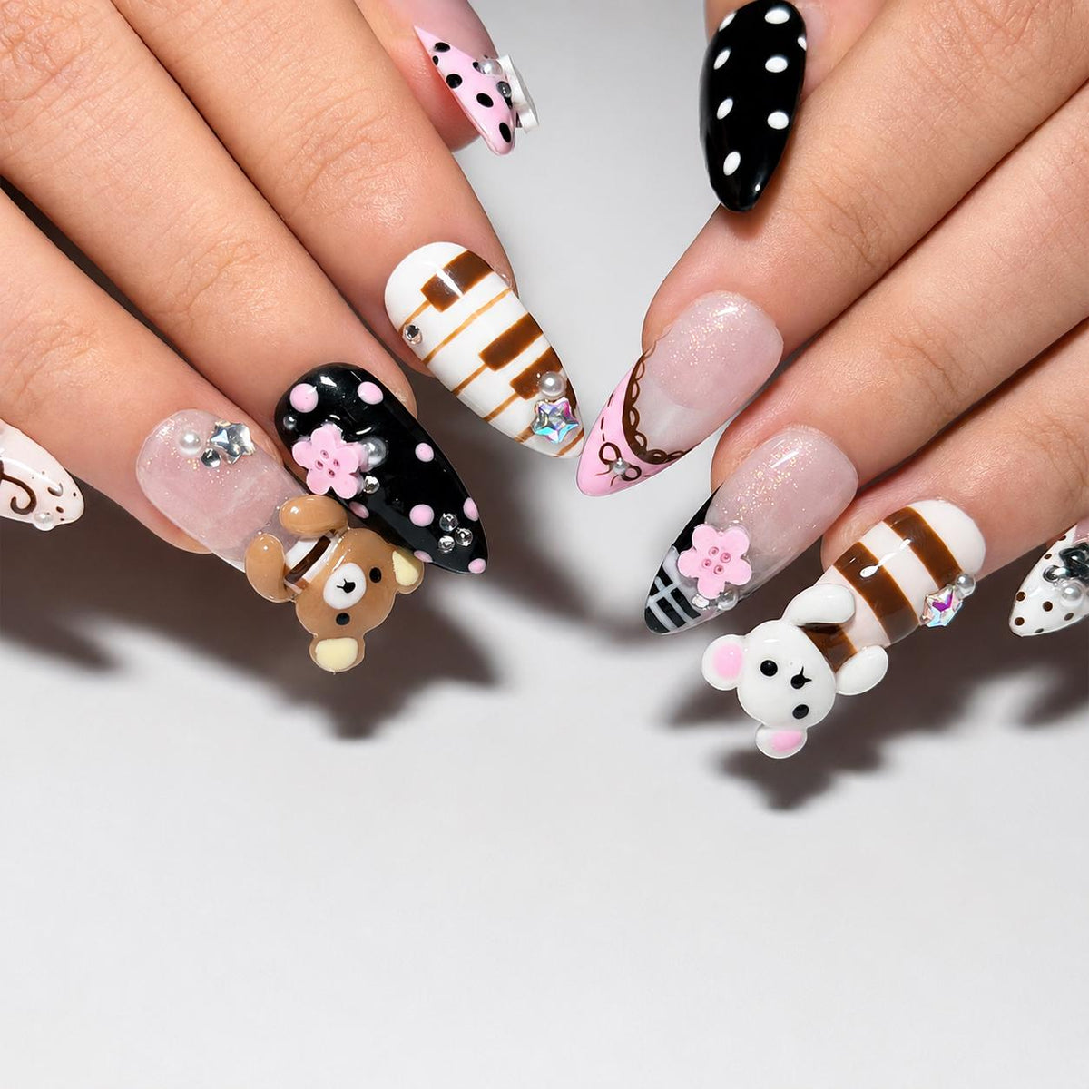 Teddy Bear Press On Nails Almond • Pink Black Kawaii 3D Bear Flower Music Note Fake Nails • Cute Birthday Gift for Her| JB430LC