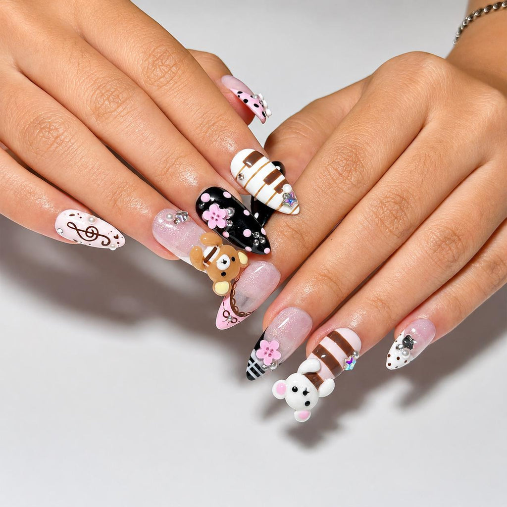Teddy Bear Press On Nails Almond • Pink Black Kawaii 3D Bear Flower Music Note Fake Nails • Cute Birthday Gift for Her| JB430LC