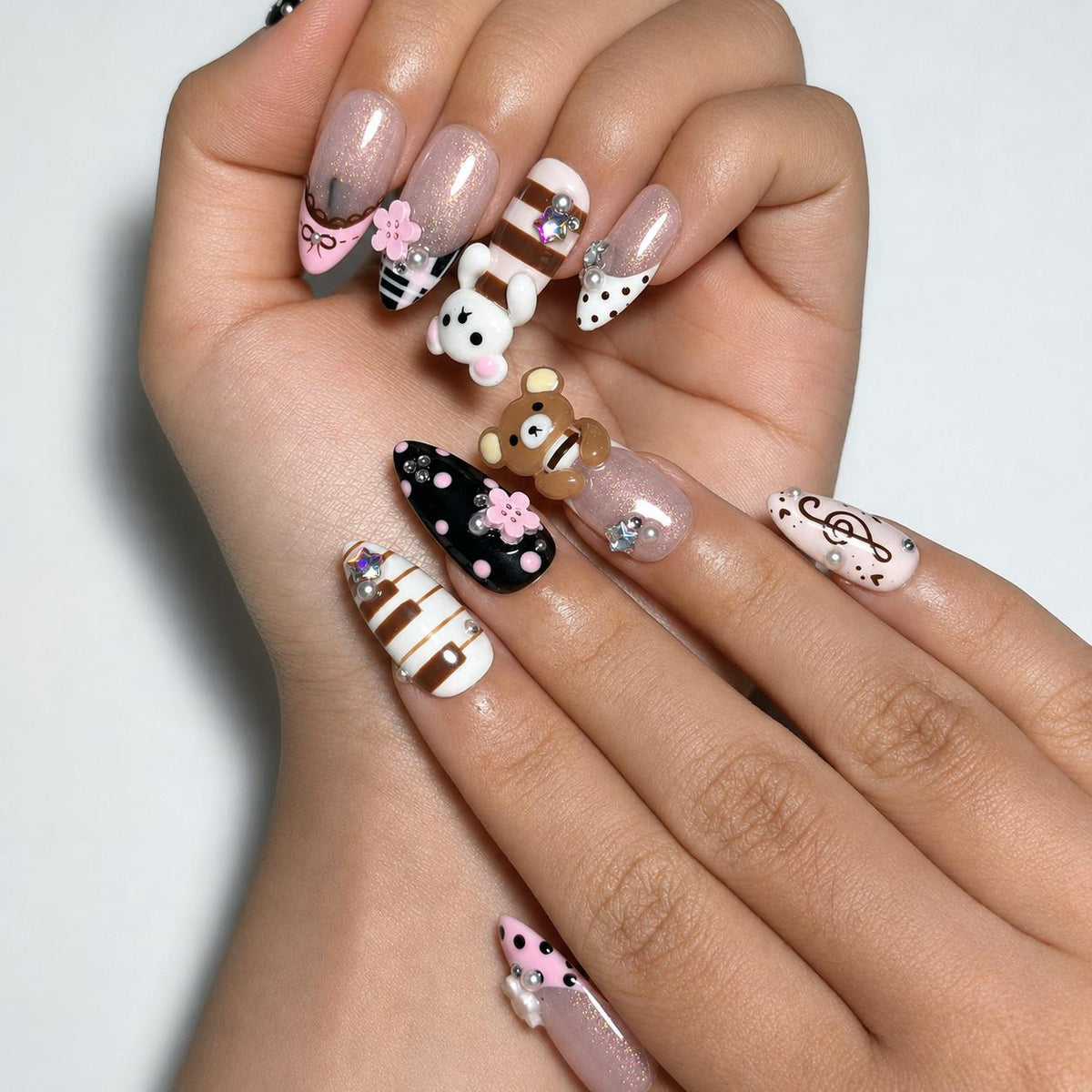 Teddy Bear Press On Nails Almond • Pink Black Kawaii 3D Bear Flower Music Note Fake Nails • Cute Birthday Gift for Her| JB430LC