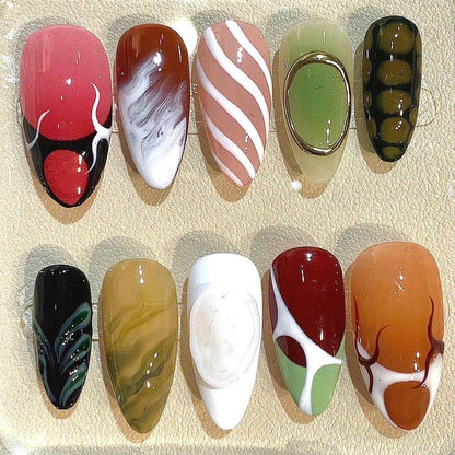 Abstract Press On Nails – Retro Swirl, Marble & Geometric Nail Art – Handmade False Nails