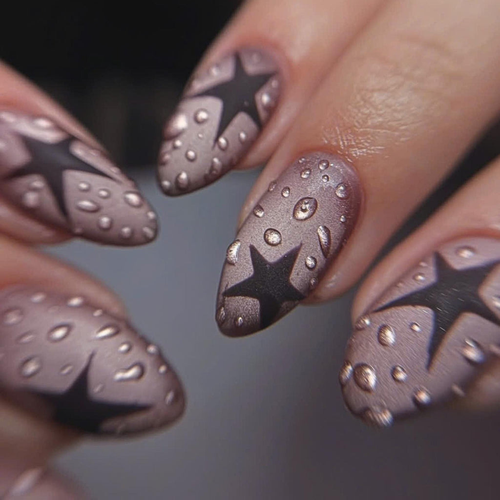 Black Star Y2K Press On Nails | Matte Water  Nail Set | Soft Grunge Starcore Handmade False Nails | JB446UC