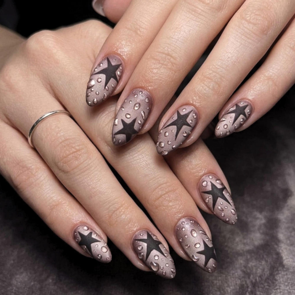 Black Star Y2K Press On Nails | Matte Water  Nail Set | Soft Grunge Starcore Handmade False Nails | JB446UC