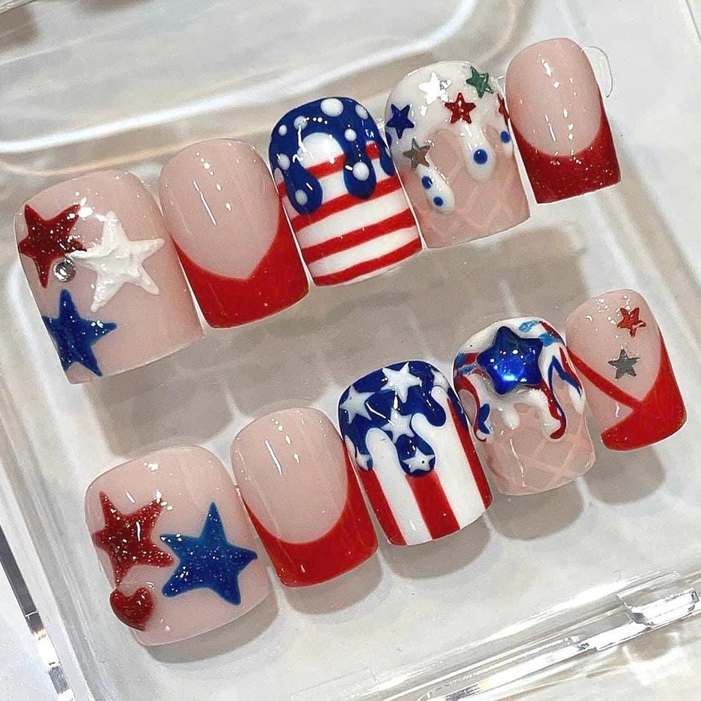 American Flag 3D Star Press On Nails | Red White Blue Independence Day Set