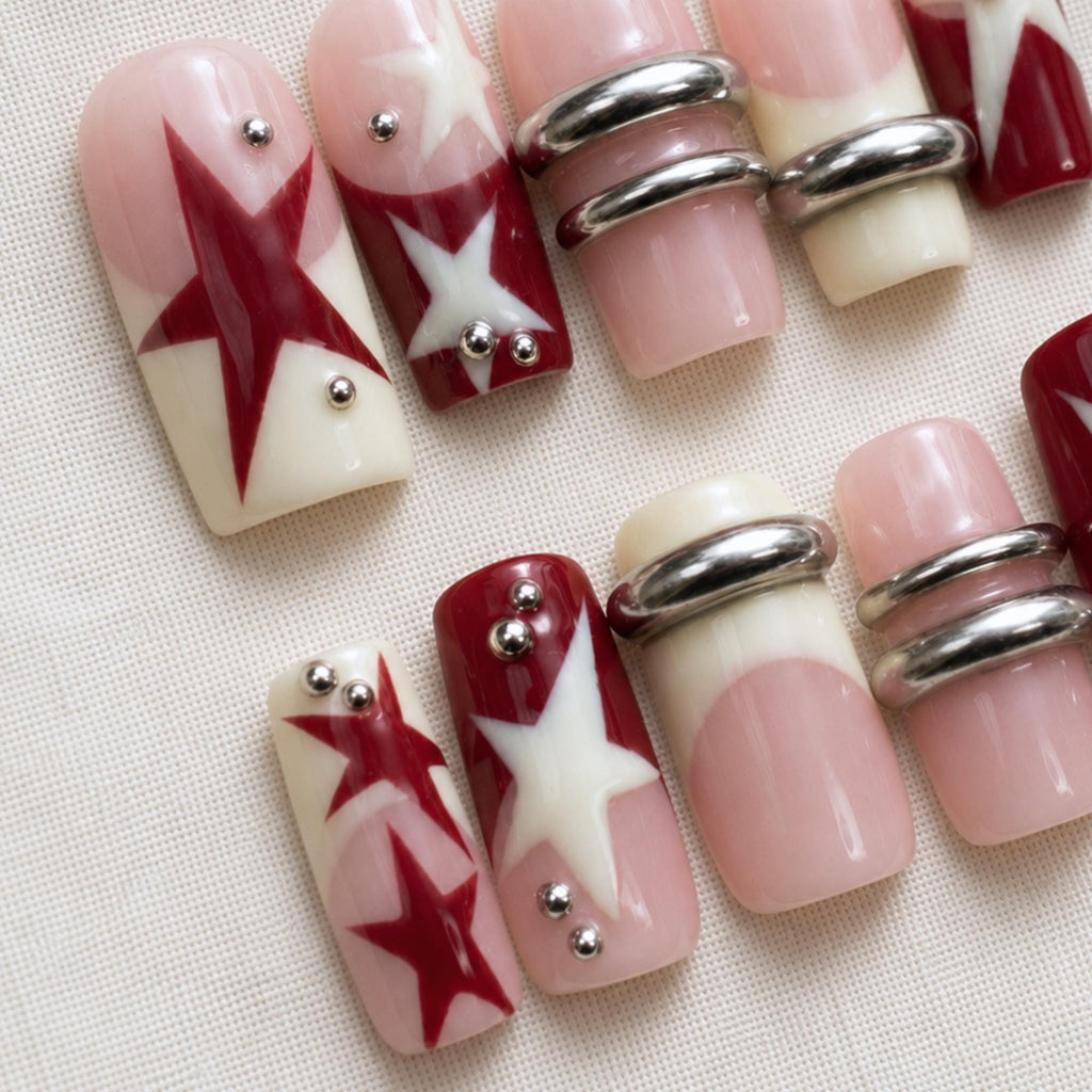 Red Star Press On Nails, Y2K Grunge French Tips, Handmade Retro Chrome Nail Art