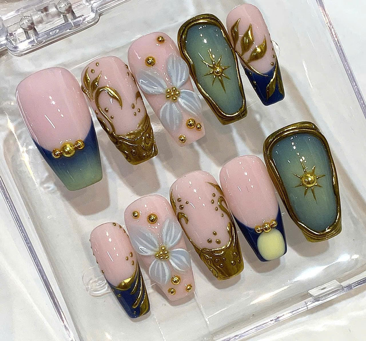 3D Floral Chrome Coffin Press On Nails, Celestial Luxury Set, Reusable False Nails