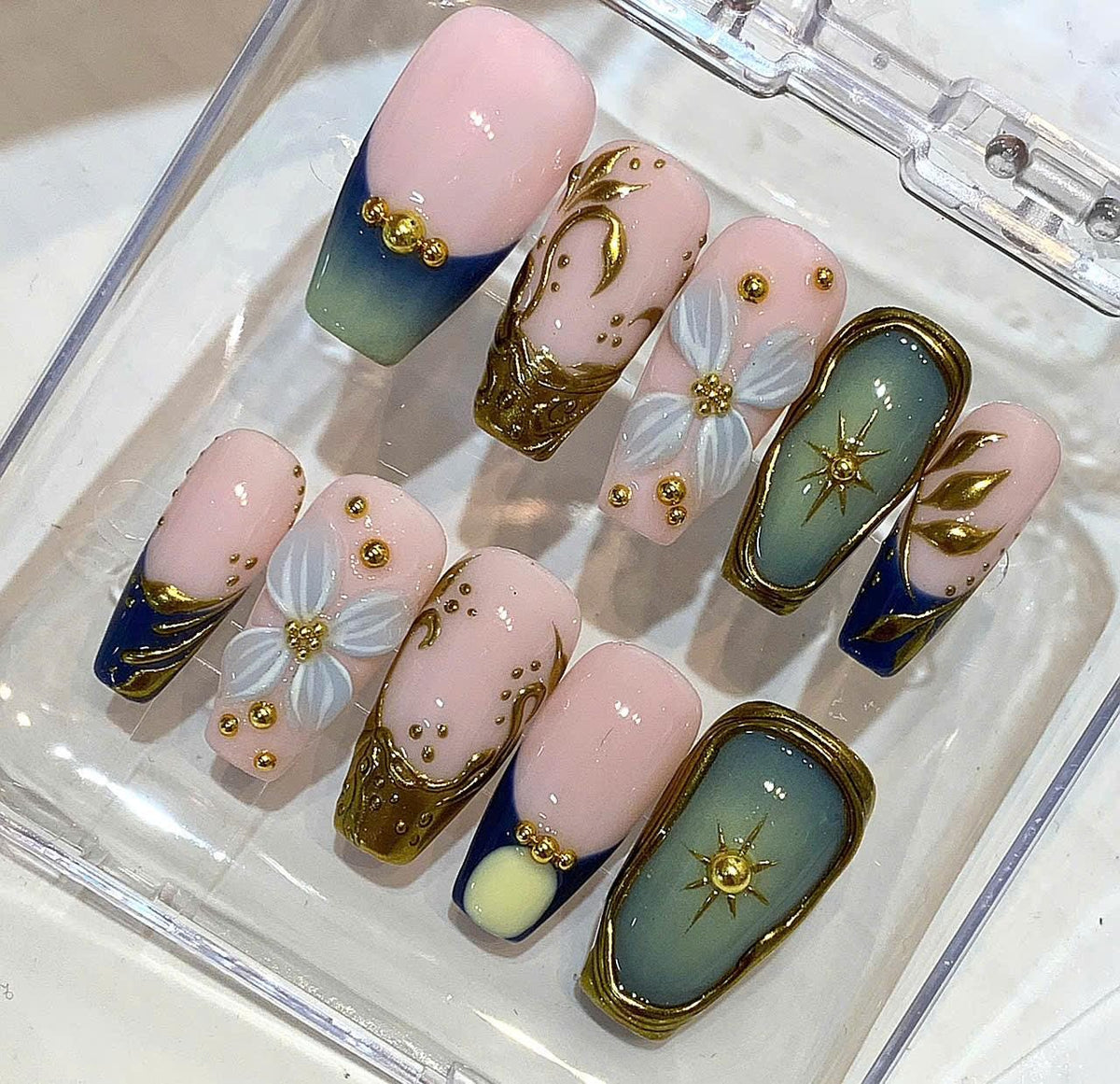 3D Floral Chrome Coffin Press On Nails, Celestial Luxury Set, Reusable False Nails