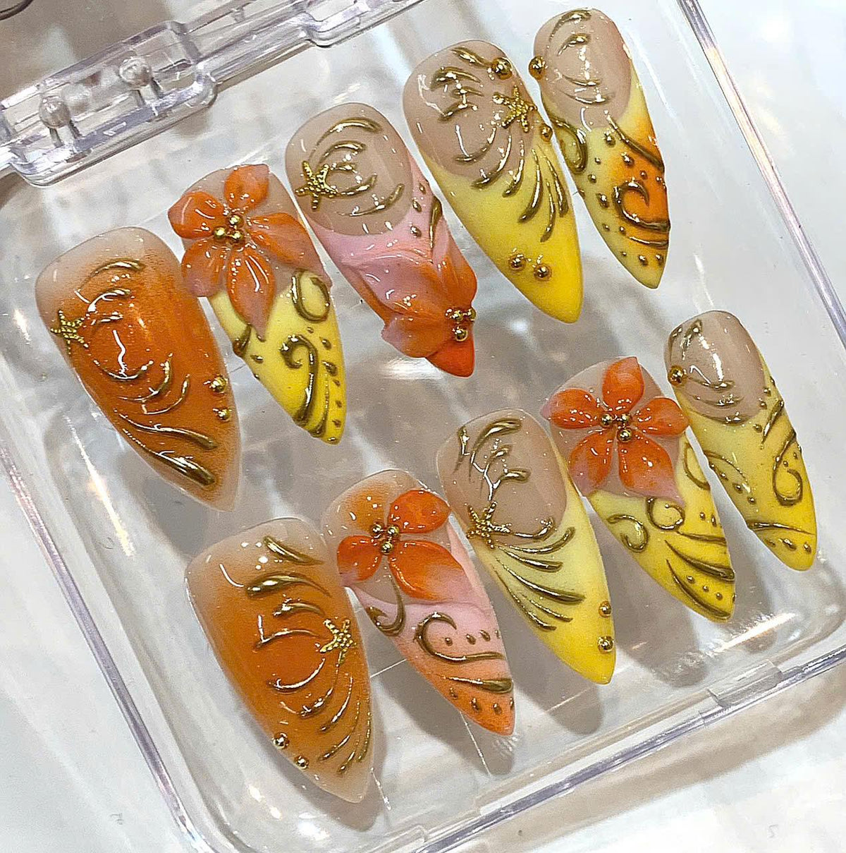 Tropical Ombre Floral Stiletto Press On Nails, Summer Vacation Luxury Set