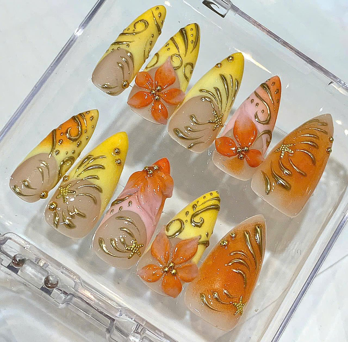 Tropical Ombre Floral Stiletto Press On Nails, Summer Vacation Luxury Set