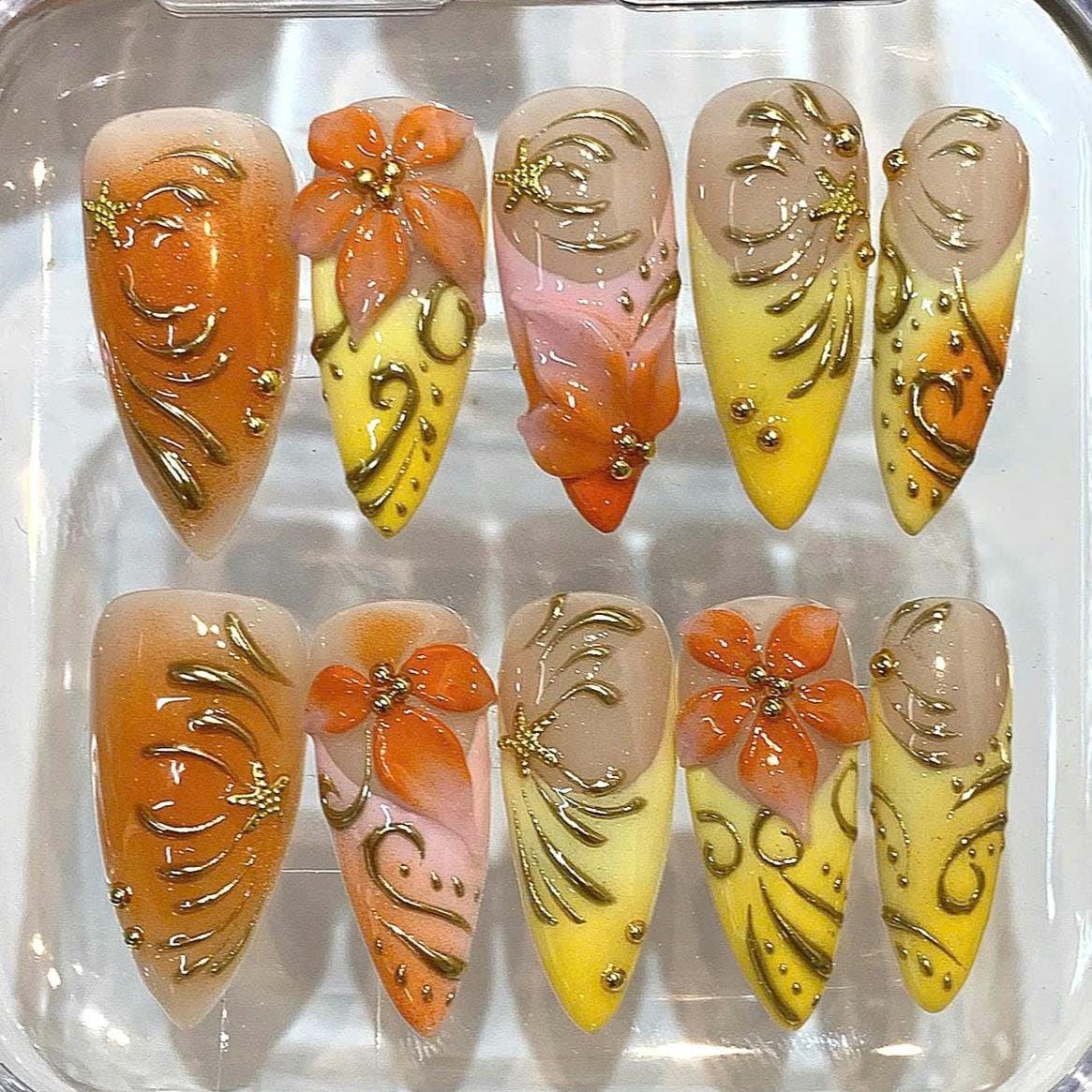 Tropical Ombre Floral Stiletto Press On Nails, Summer Vacation Luxury Set