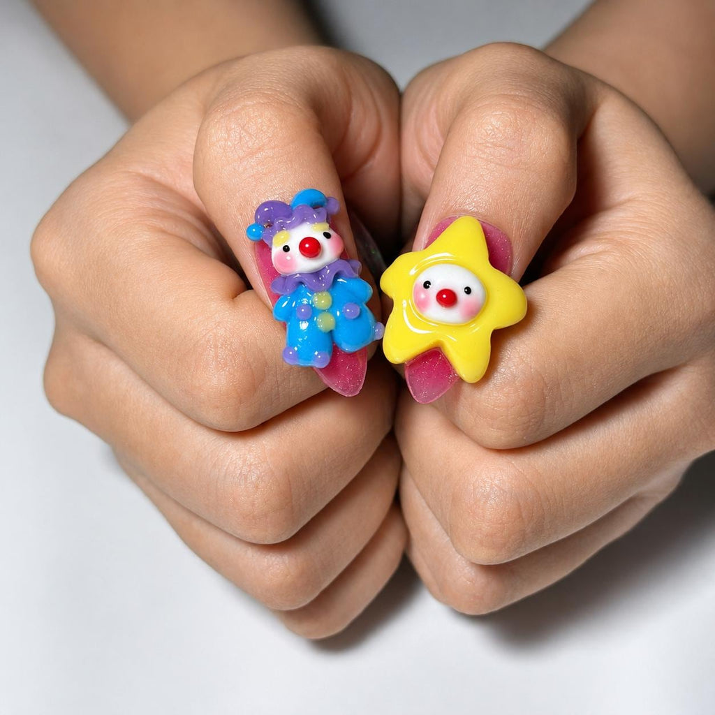 Clown Press On Nails Almond • Pink Blue Kawaii 3D Clown Star Candy Swirl Glitter Fake Nails • Cute Birthday Gift for Her  | JA431LC