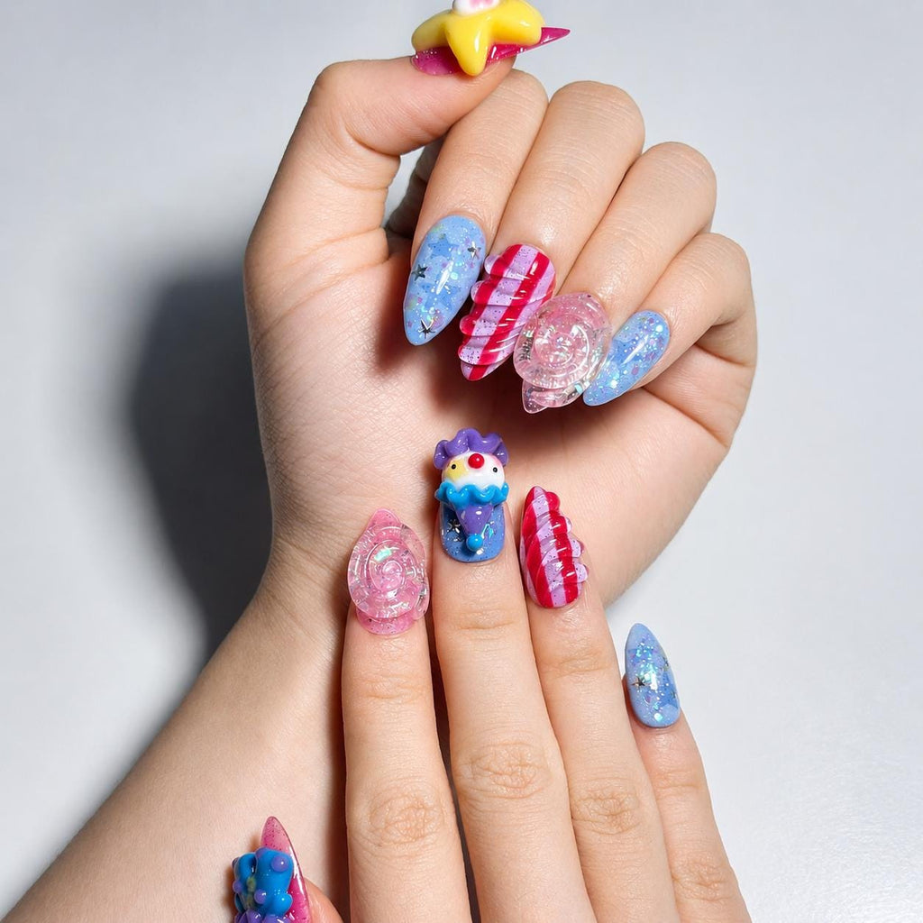 Clown Press On Nails Almond • Pink Blue Kawaii 3D Clown Star Candy Swirl Glitter Fake Nails • Cute Birthday Gift for Her  | JA431LC