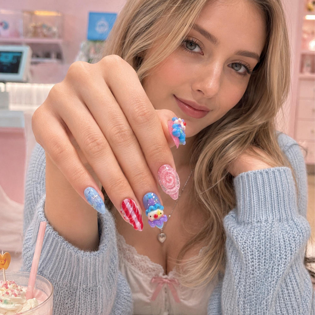 Clown Press On Nails Almond • Pink Blue Kawaii 3D Clown Star Candy Swirl Glitter Fake Nails • Cute Birthday Gift for Her  | JA431LC