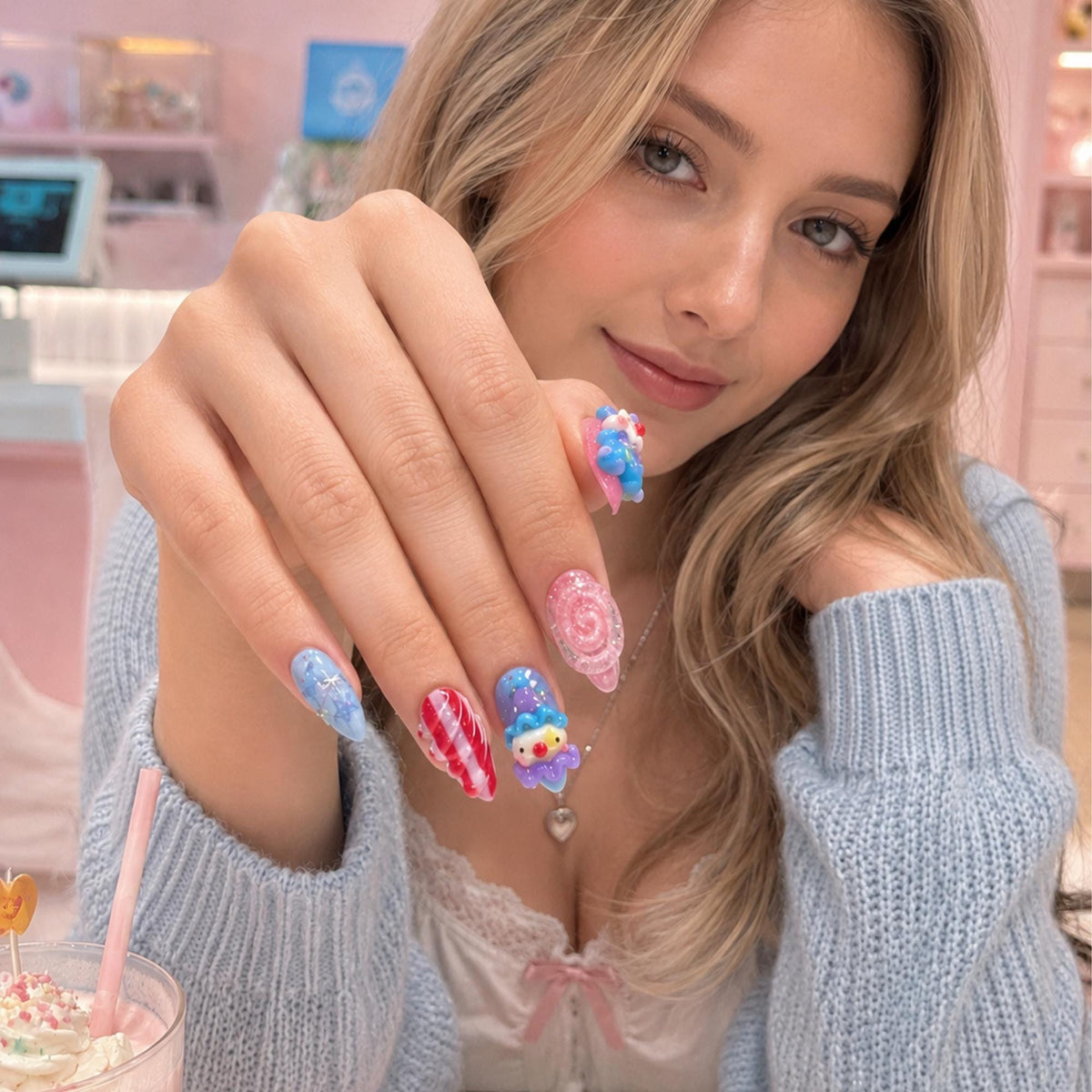 Clown Press On Nails Almond • Pink Blue Kawaii 3D Clown Star Candy Swirl Glitter Fake Nails • Cute Birthday Gift for Her  | JA431LC