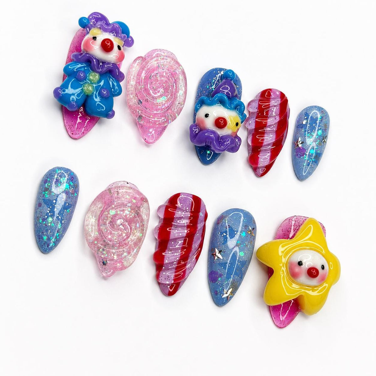 Clown Press On Nails Almond • Pink Blue Kawaii 3D Clown Star Candy Swirl Glitter Fake Nails • Cute Birthday Gift for Her  | JA431LC