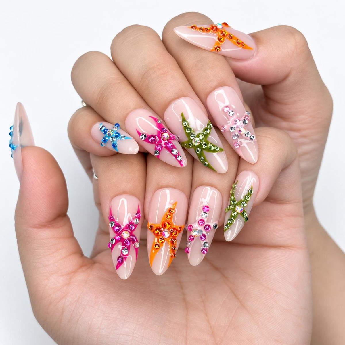 Colorful Starfish Press On Nails | Tropical Mermaid Nails | Beach Vacation Nail Set | JB448J
