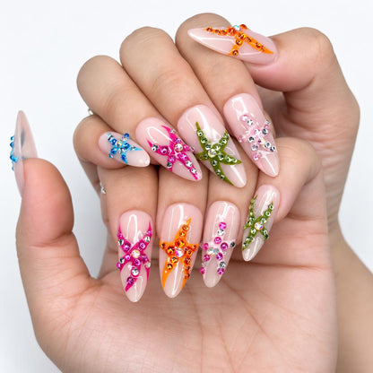 Colorful Starfish Press On Nails | Tropical Mermaid Nails | Beach Vacation Nail Set | JB448J