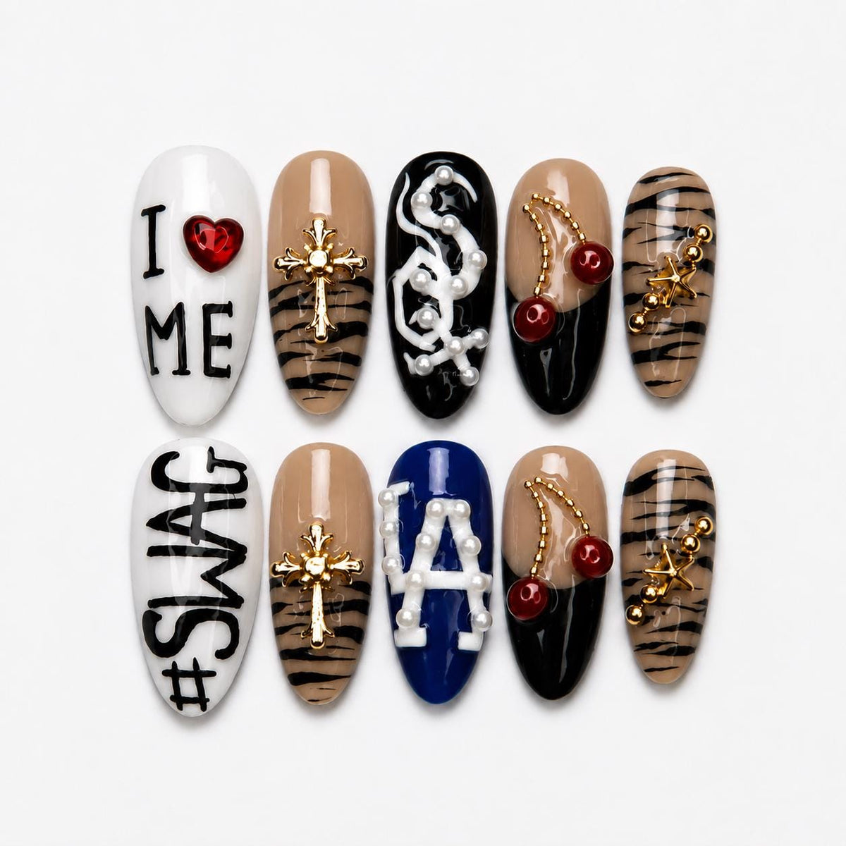 Y2K Graphic Press On Nails | Cherry Cross Letter Nail Set | Edgy Black White Statement Nails | Street Style Handmade Set | JB447J