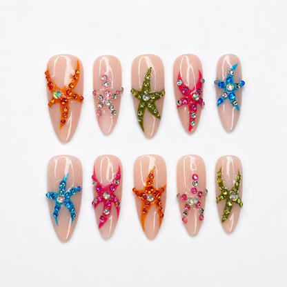 Colorful Starfish Press On Nails | Tropical Mermaid Nails | Beach Vacation Nail Set | JB448J
