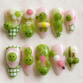 Kawaii Green Character Press On Nails, Cute 3D Jelly Handmade Nails, Japanese Nail Art