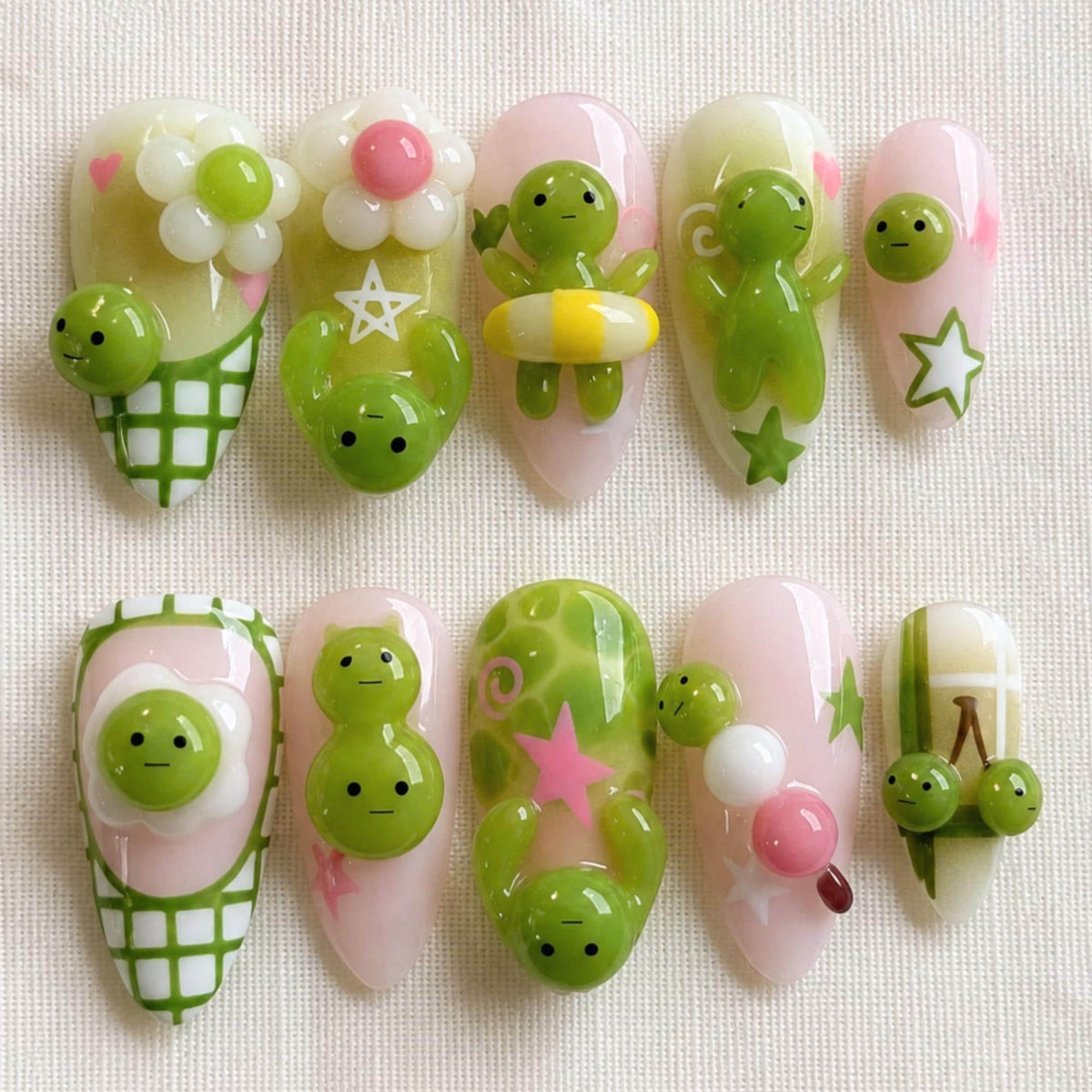 Kawaii Green Character Press On Nails, Cute 3D Jelly Handmade Nails, Japanese Nail Art