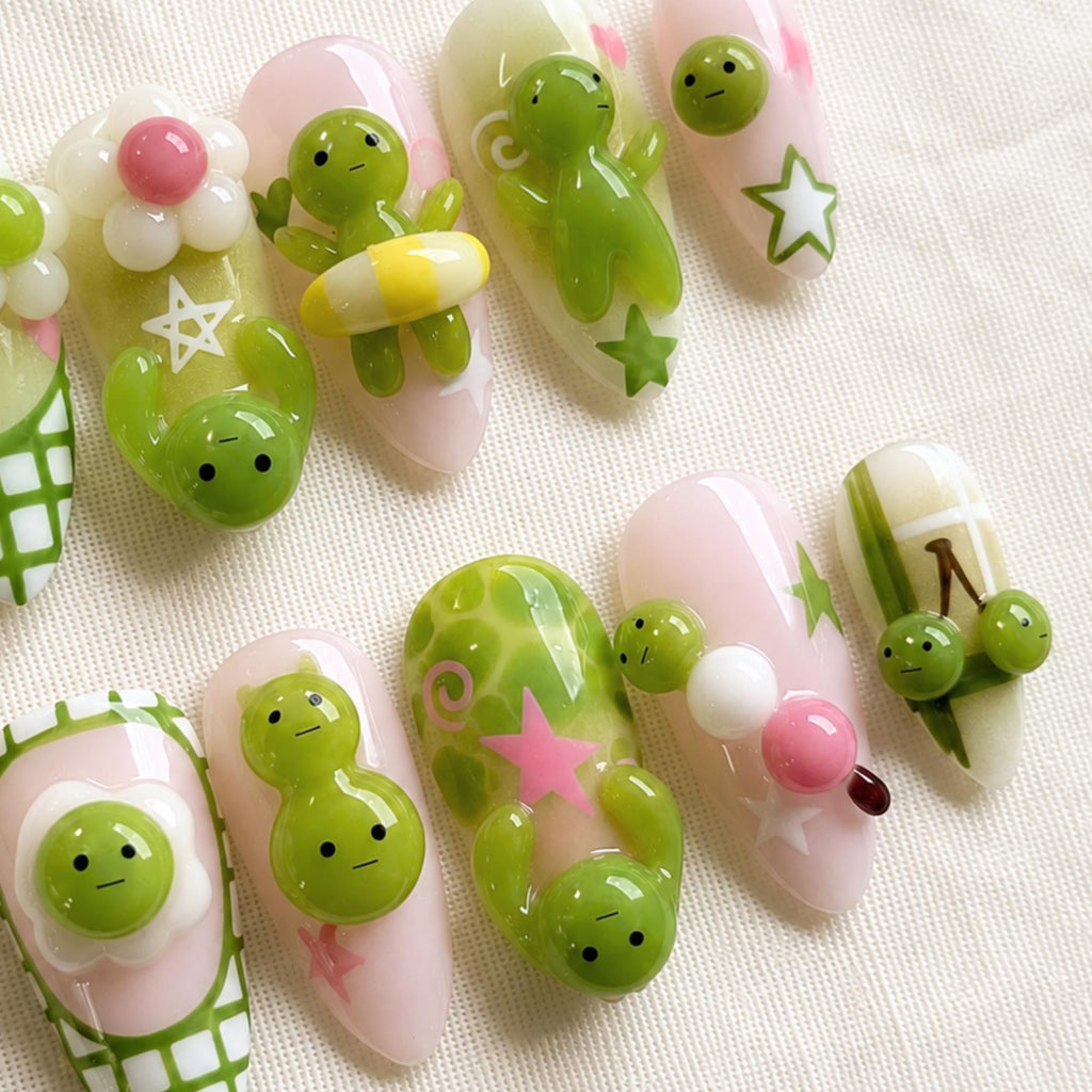 Kawaii Green Character Press On Nails, Cute 3D Jelly Handmade Nails, Japanese Nail Art
