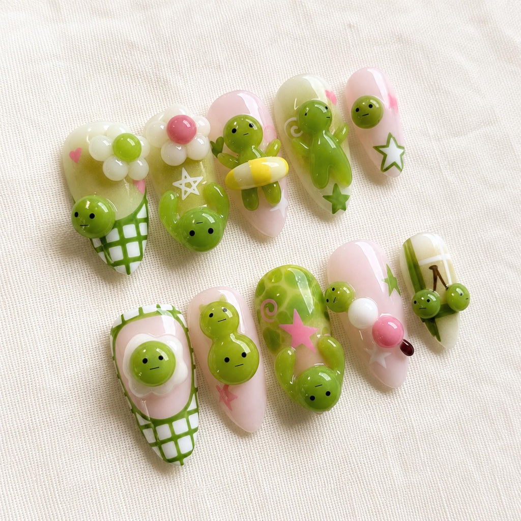 Kawaii Green Character Press On Nails, Cute 3D Jelly Handmade Nails, Japanese Nail Art