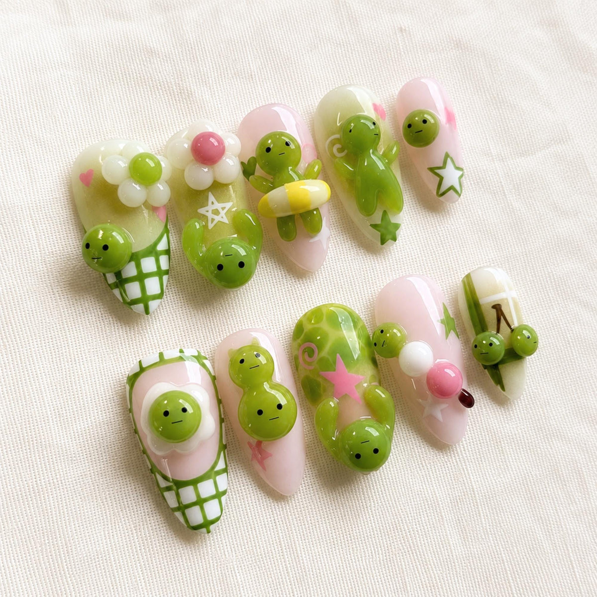 Kawaii Green Character Press On Nails, Cute 3D Jelly Handmade Nails, Japanese Nail Art