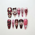Gothic Clown Heart Press On Nails for Dark Romance Girls | Handmade Long Pink Chrome Fake Nails | Alternative Love Nail Set