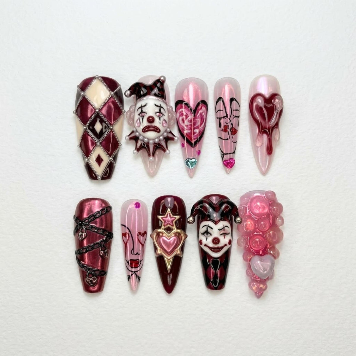 Gothic Clown Heart Press On Nails for Dark Romance Girls | Handmade Long Pink Chrome Fake Nails | Alternative Love Nail Set